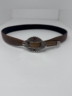 Vintage Liz Claiborne Brown Leather Embossed Belt, Silver Metallic Buckle